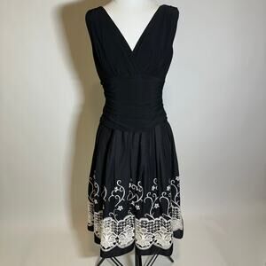 Elegant Black V-Neck Dress with Ivory Embroidery